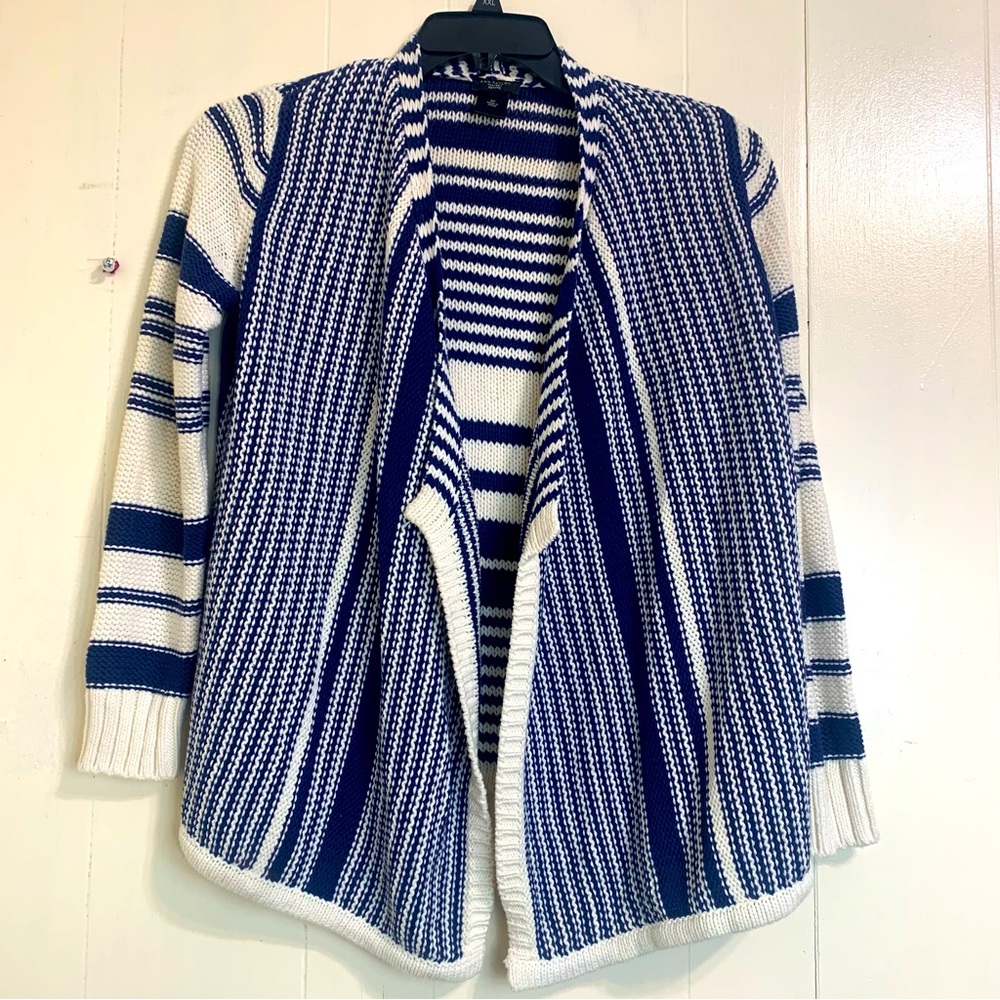ANN TAYLOR Petites White Navy Blue Stripe Long Sleeve Open Cárdigan Size Small.